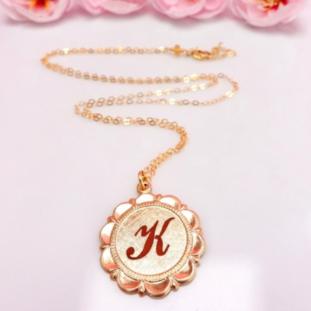 14k gold filled K letter circle coin necklace